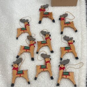 Set of 9 Wooden Reindeer Christmas Ornaments in Brown and Red